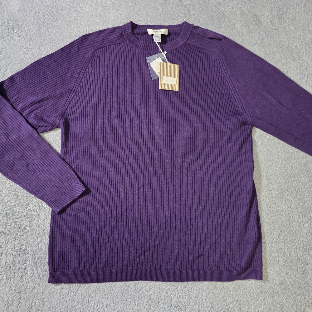 Turnbury Mens Large Sweater Purple Silk Cotton Ribbed Knit Crewneck Pullover